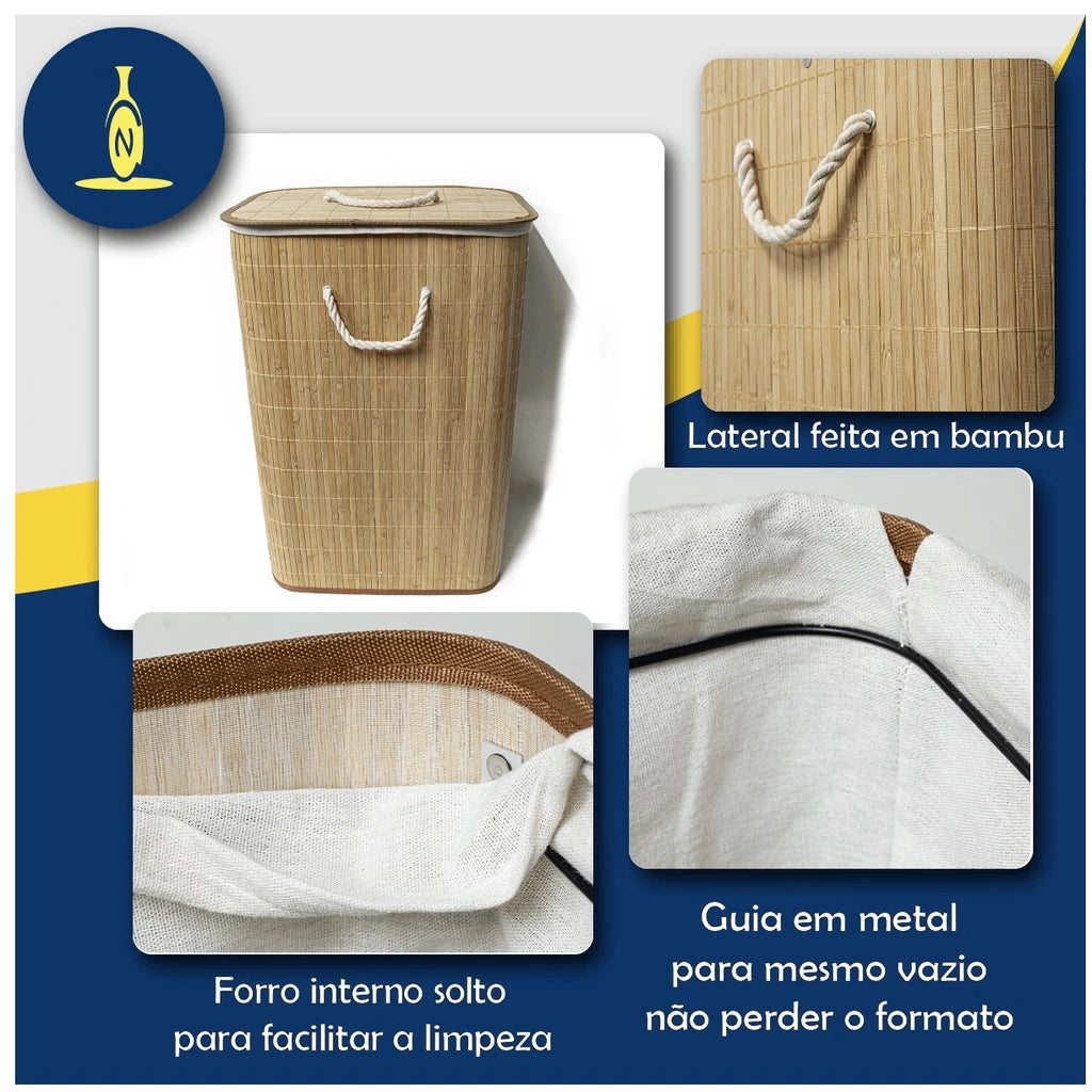 Cesto Para Roupas Sujas Organizador De Bambu Banheiro Lavanderia Grande Forrado Dobrável 61cm